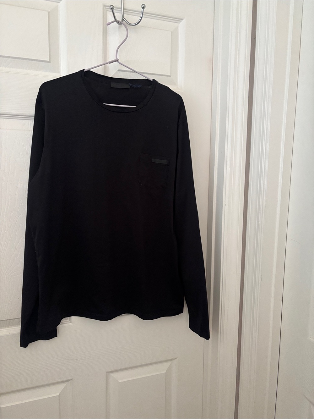 Prada Men's Black Long-Sleeve Crew Pocket Tee
